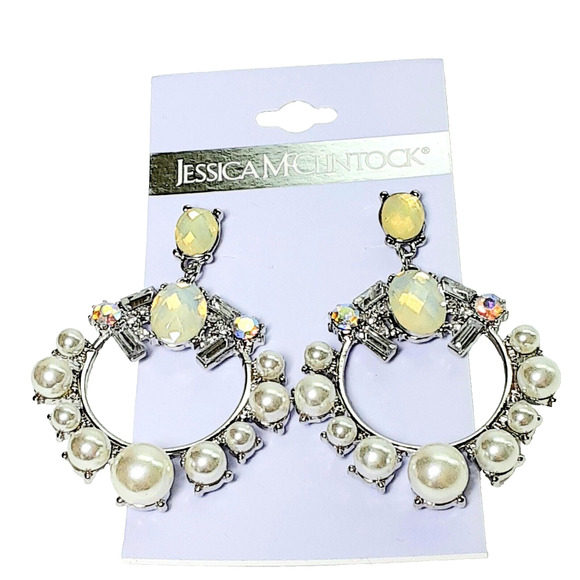 NEW Jessica McClintock Elegant Crystal & Pearl Earrings Sparkle Glam - Picture 4 of 4